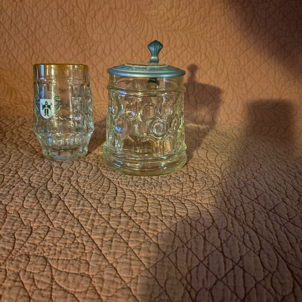 Glass German Vintage Beer Steins with Gold Rim on one & lid on the other